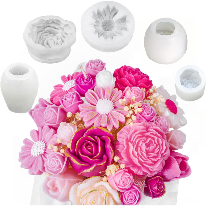Candle Making Kits - ชุดแม่พิมพ์เทียนรูปดอกไม้ 5 ชิ้น，แม่พิมพ์เทียนซิลิโคนลายดอกไม้ 3 มิติ，ใช้สำหรับทำเทียน，แม่พิมพ์ดอกเดซี่ ดอกโบตั๋น