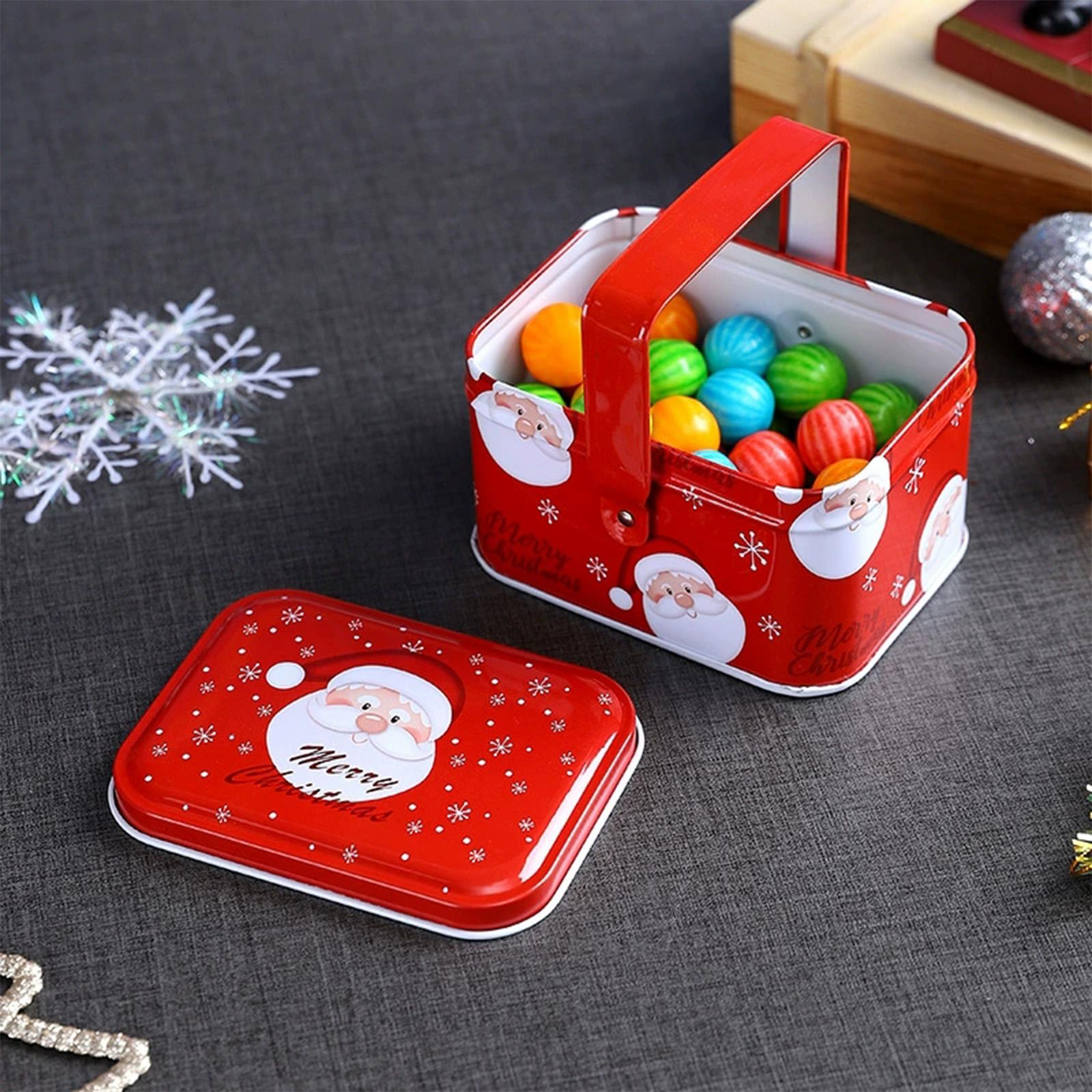 Tin Container Lid - กล่องโลหะลายคริสต์มาส รูปซานตาคลอสและเกล็ดหิมะ พร้อมฝาปิดและหูหิ้ว สำหรับใส่ขนม ช็อกโกแลต อาหาร