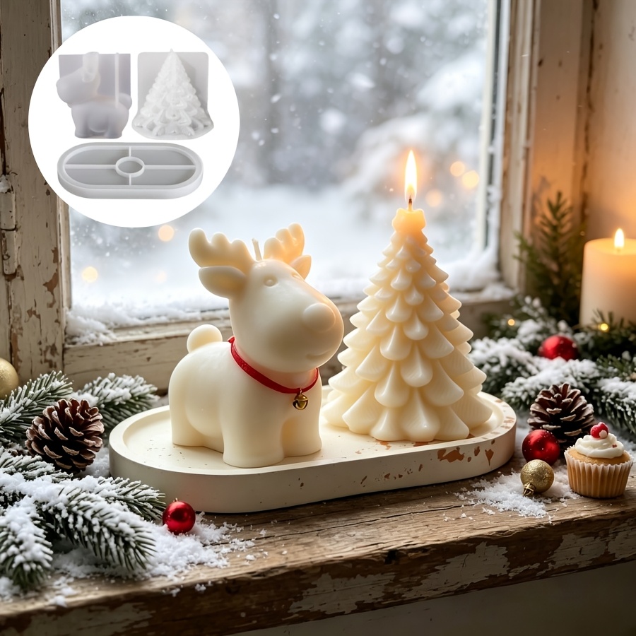 Candle Making Kits - ชุดแม่พิมพ์ซิลิโคนดินเหนียว 3 ชิ้น: กวางคริสต์มาส, ต้นคริสต์มาสสำหรับเทียน, และถาดทรงรี